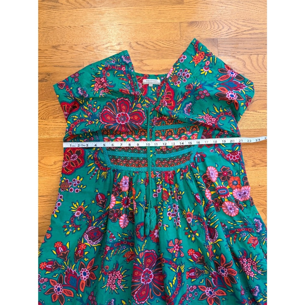 World Market Green Floral Cotton Boho Peasant Dress Tassel Bib L/XL - Picture 5 of 7